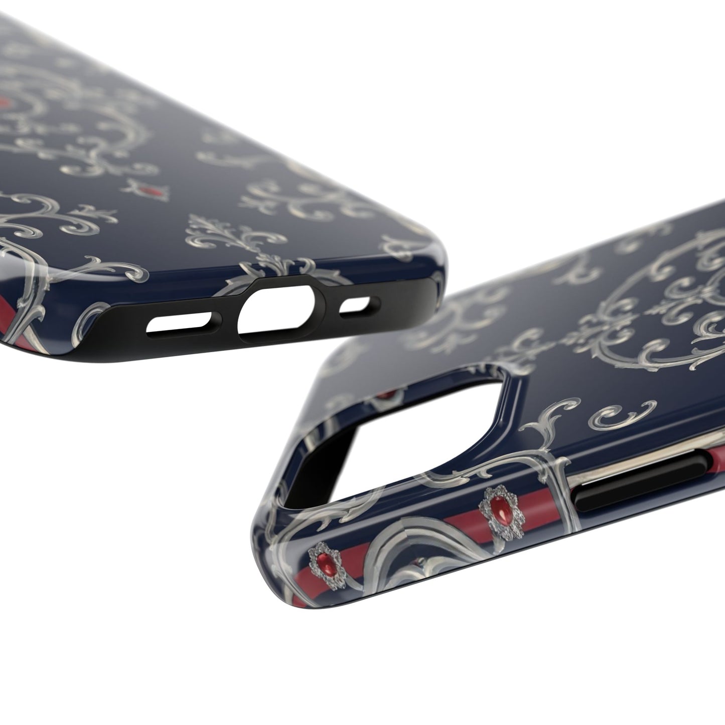 Elegant Patterned Tough Phone Cases for Stylish Protection, Gift for Her, Unique Accessories - Blue & Red Striped Silver Baroque