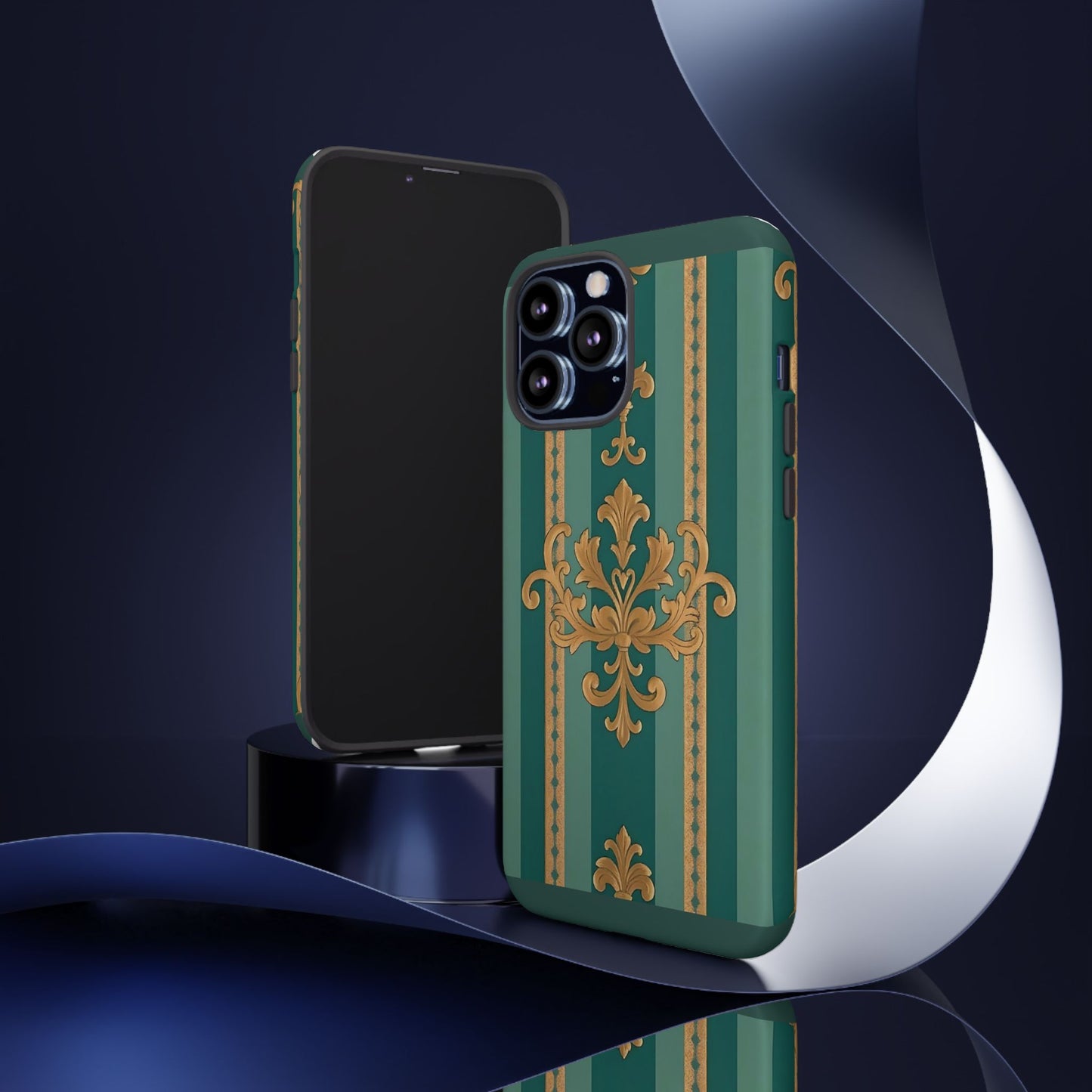 Elegant Floral Motif Phone Case - Tough Cases with Vintage Design - Teal Striped Gold Damask
