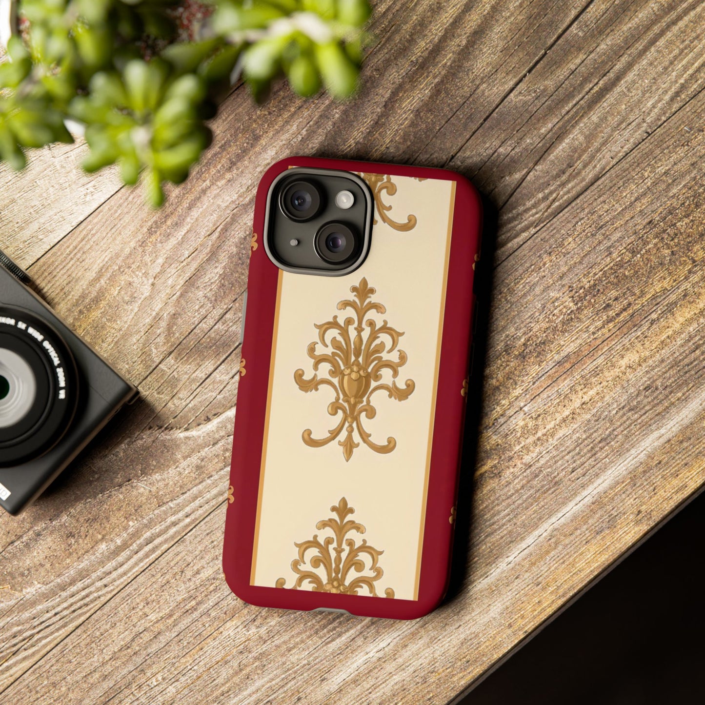 Elegant Floral Motif Phone Case - Tough Cases with Vintage Design - Dusk Red Striped Gold Damask
