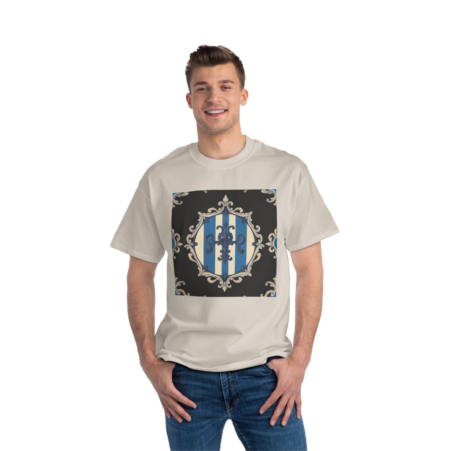 Elegant Blue & Alabaster Striped Baroque Short-Sleeve T-Shirt | Vintage Style, Graphic Tee, Casual Wear, Unisex Gift, Unique Design