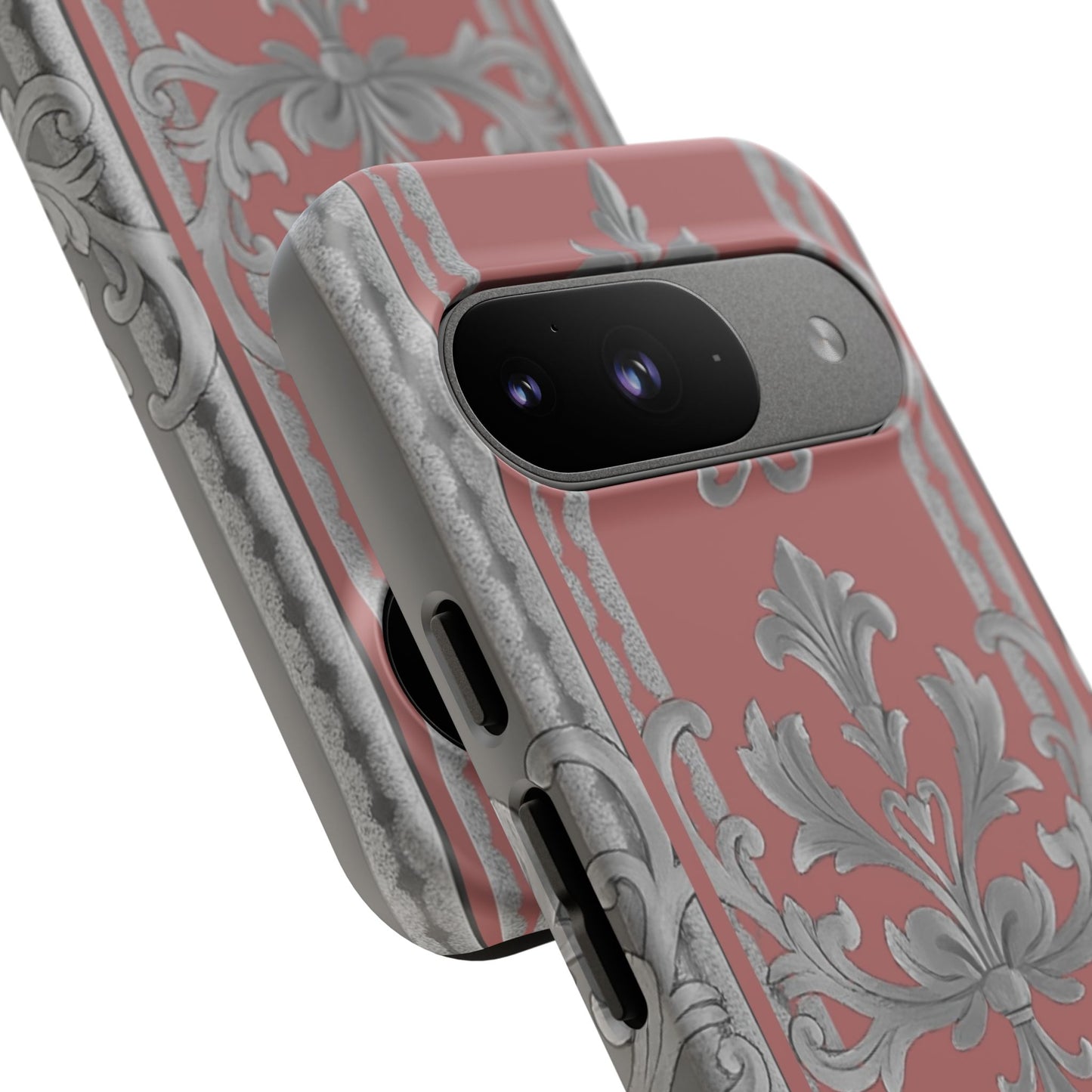 Elegant Floral Phone Case - Tough Cases for Stylish Protection - Gray & Mauve Striped Baroque