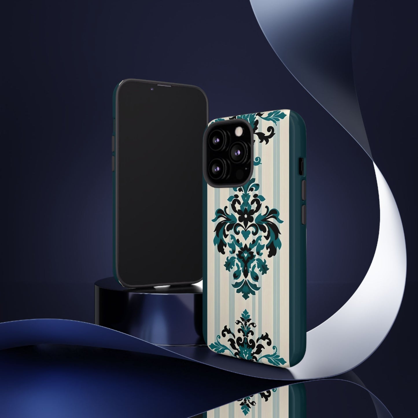 Elegant Floral Phone Case - Tough Cases with Vintage Design - Teal Striped Damask