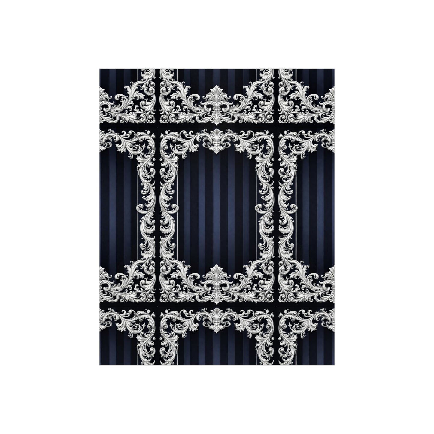 Navy Stripes & Baroque Foam Board Backdrop — Ornate Silver Scroll Panel