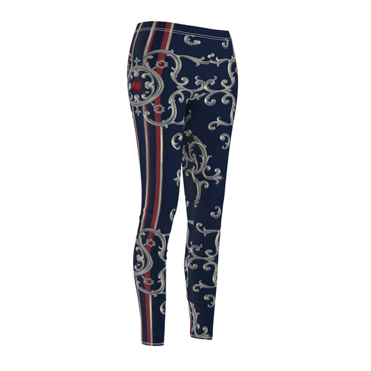 Stylish Women's AOP Leggings, Comfortable Casual Wear, Perfect for Yoga, Home, and Active Lifestyle - Blue & Red Striped Silver Baroque