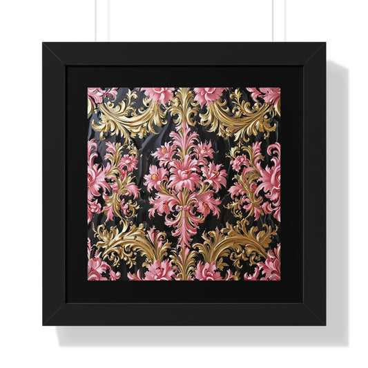 Elegantly Framed Floral Poster, Vintage Wall Art, Home Decor, Gift for Her, Boho Chic, Living Room Decoration - Black & Pink Oil Painting Style Rococo