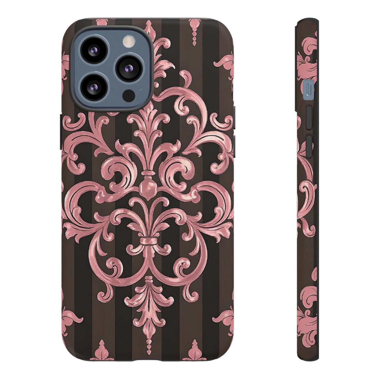 Elegant Floral Motif Phone Case - Tough Cases with Vintage Design - Brown Striped Mauve Damask