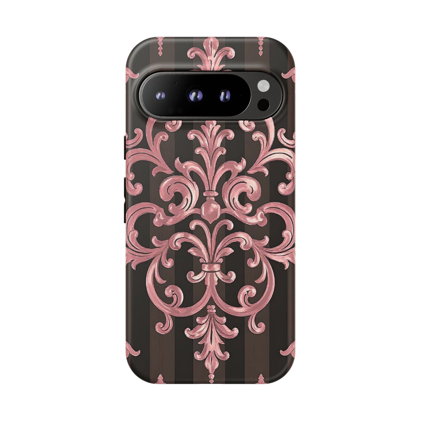 Elegant Floral Motif Phone Case - Tough Cases with Vintage Design - Brown Striped Mauve Damask