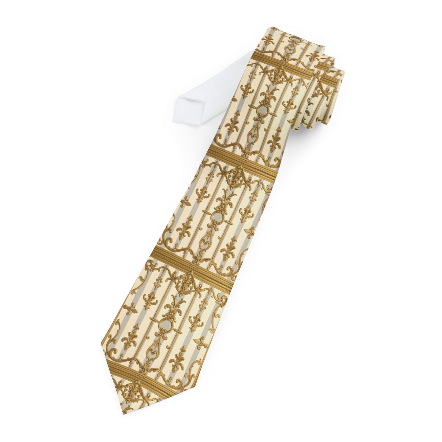 Elegant Gold Pattern Necktie - Stylish Accessory for Weddings, Parties, Men's Fashion Tie - Matte Gray & Cream Striped Gold Baroque