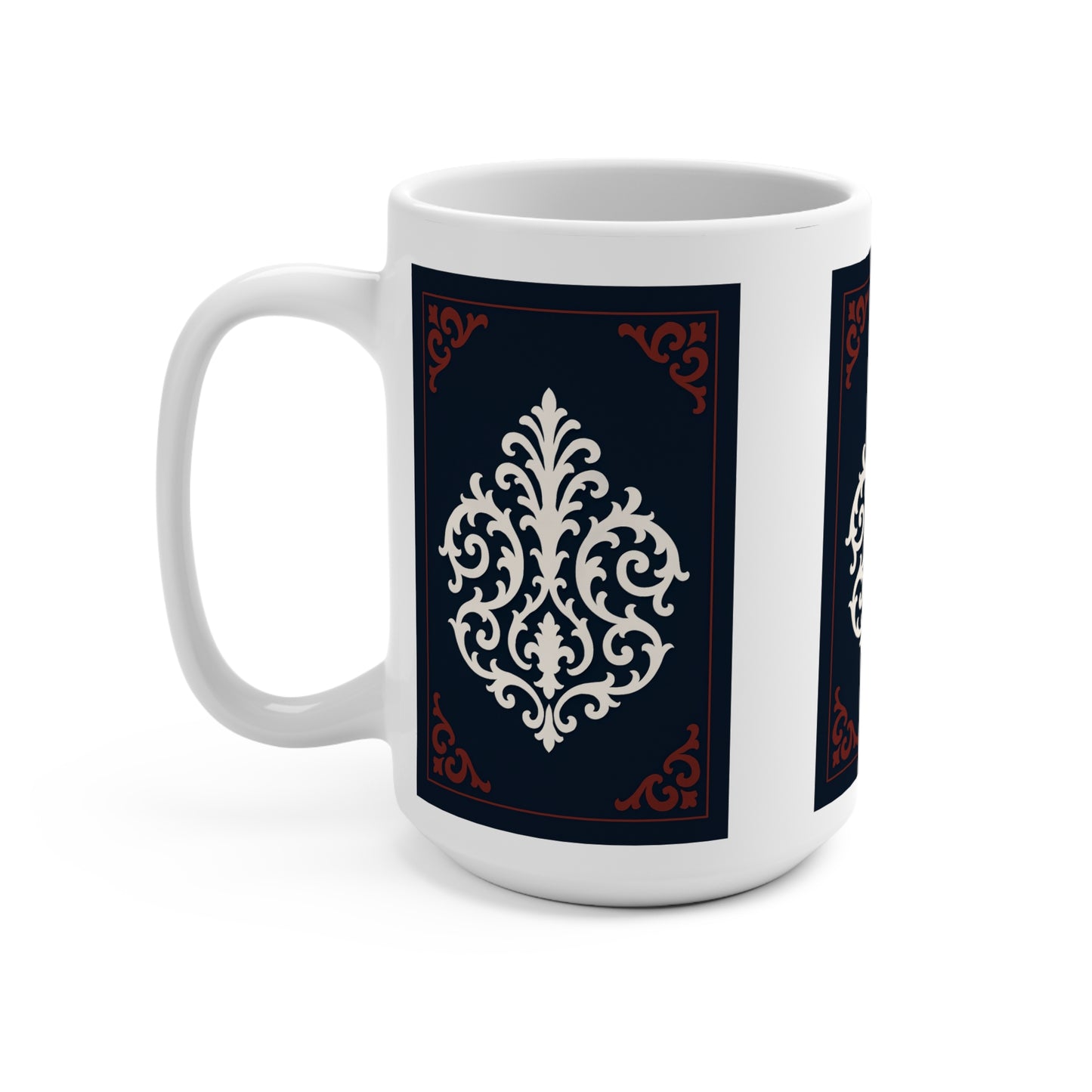 Dusk Blue-Maroon & White Baroque 15oz Ceramic Mug — Dusk Blue Vintage Baroque Ornament Design