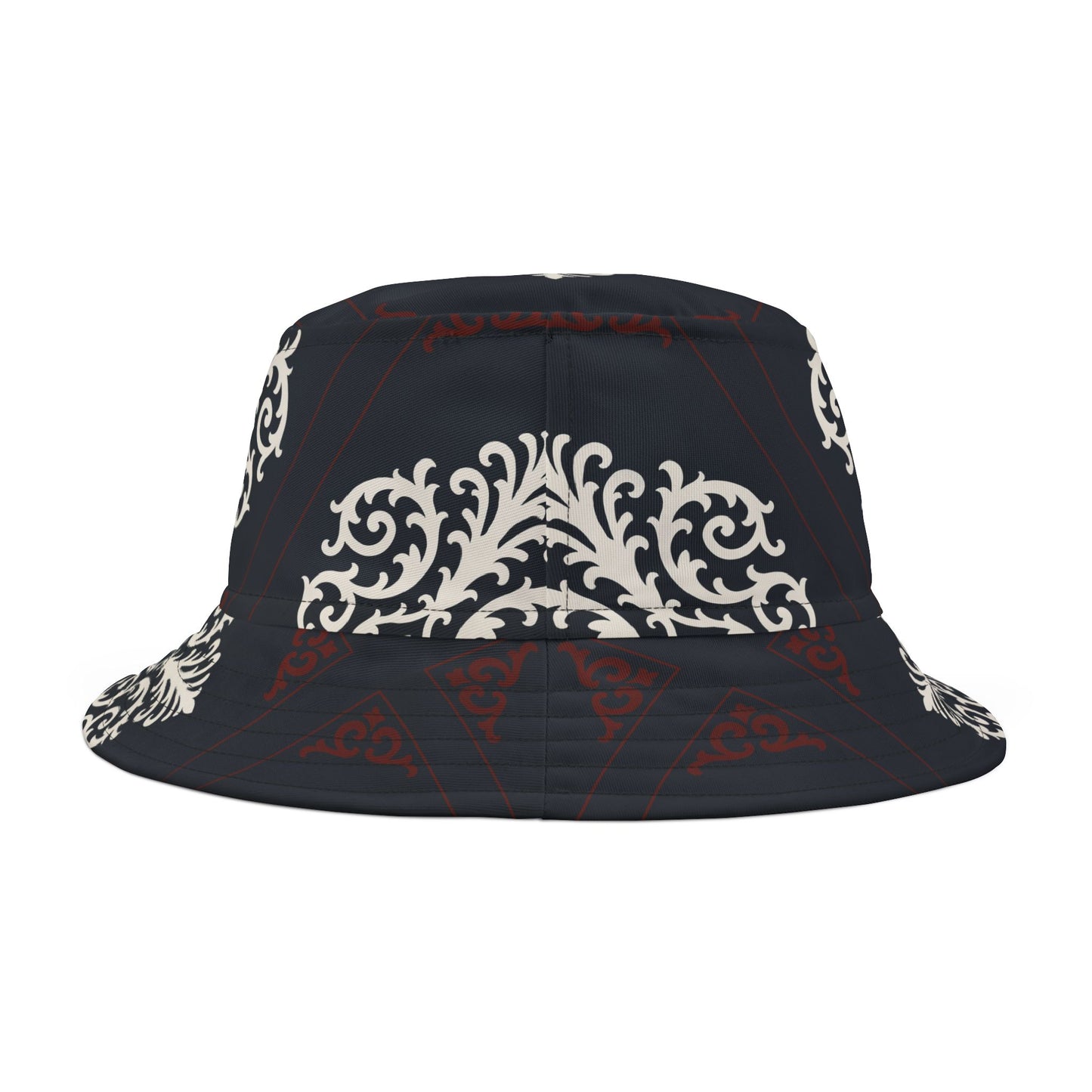 Dusk Blue & Maroon-White Baroque Bucket Hat — Vintage Ornamental Print