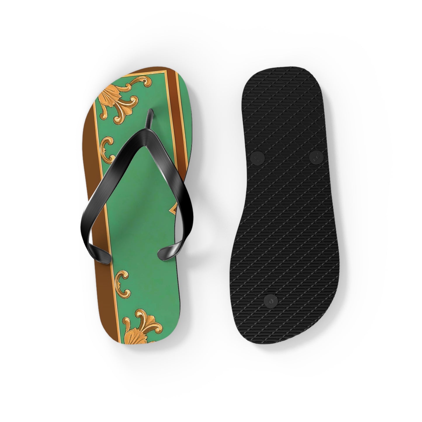Elegant Floral Flip Flops for Summer Getaways - Rust & Green Striped Baroque
