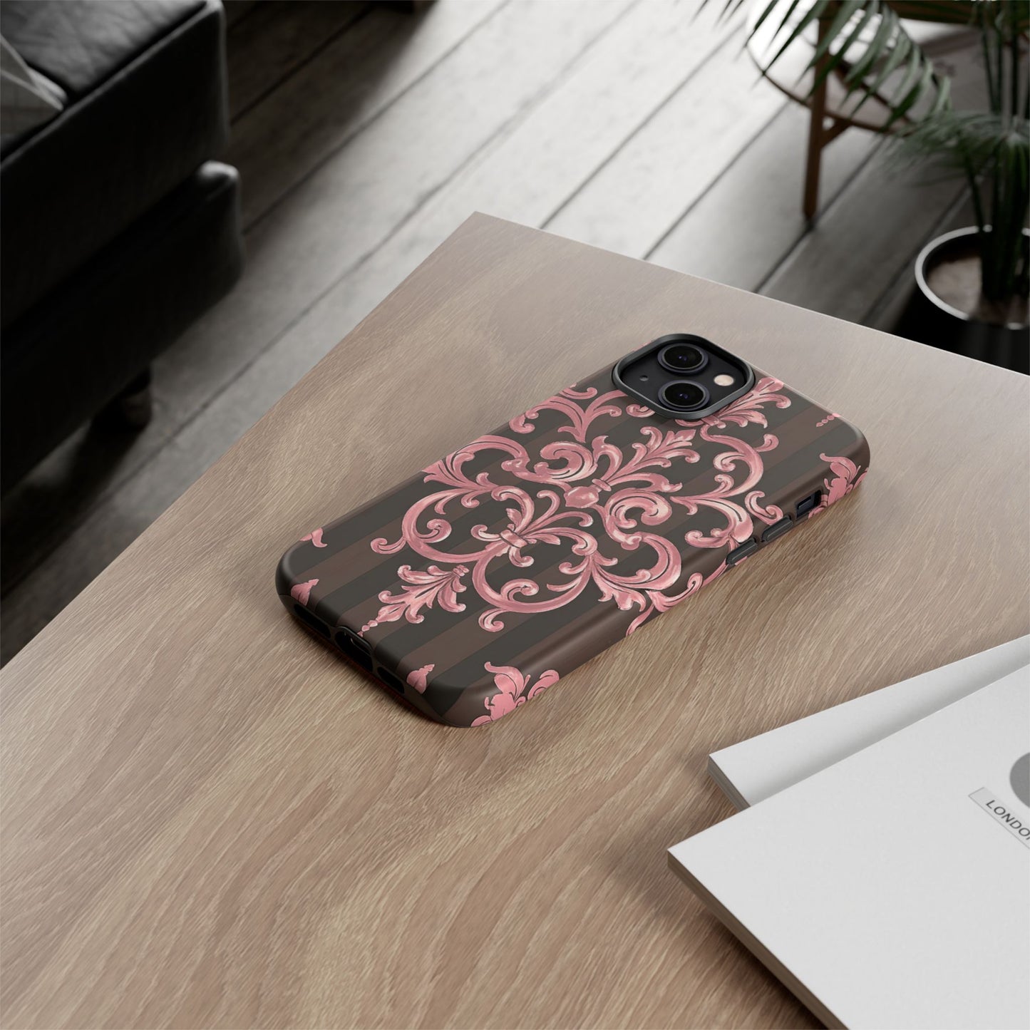 Elegant Floral Motif Phone Case - Tough Cases with Vintage Design - Brown Striped Mauve Damask
