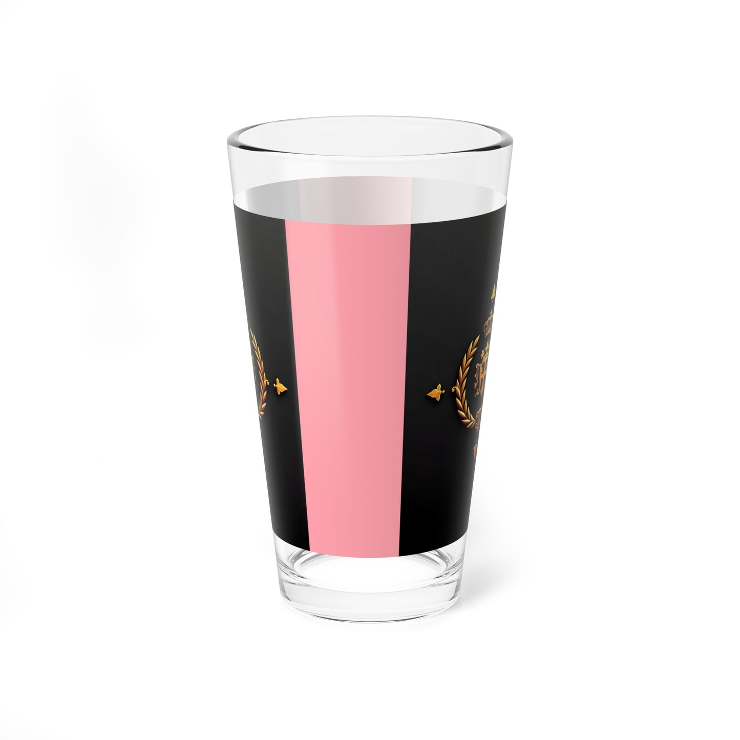 Stylish Mixing Glass, 16oz Cocktail Glass, Barware Gift, Home Bar Decor, Elegant Drinkware for Parties, Unique Mixology Tool - Pink Striped Gold Crest