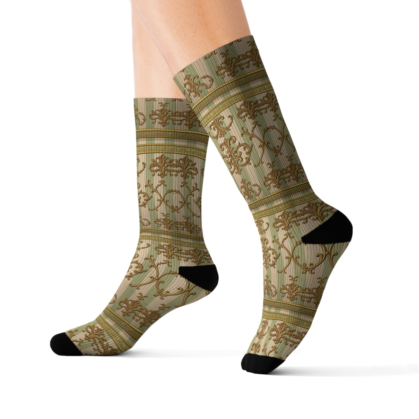 Elegant Vintage Pattern Sublimation Socks | Unisex | Perfect for Holidays, Birthdays, and Everyday Wear - Mint & Beige Striped Gold Baroque
