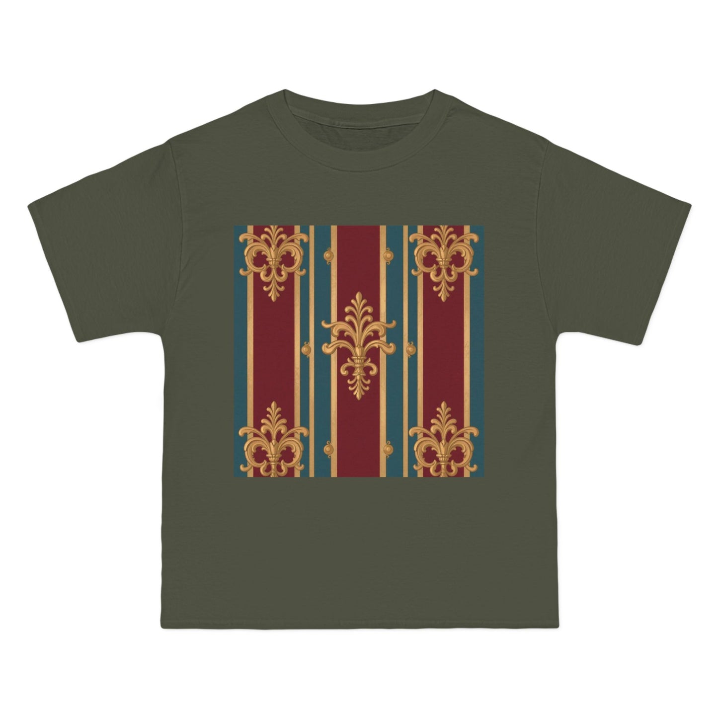 Elegant Vintage Patterned Beefy-T® Short-Sleeve T-Shirt | Casual Wear, Summer Tops, Unique Gift - Burgundy Striped Gold Baroque