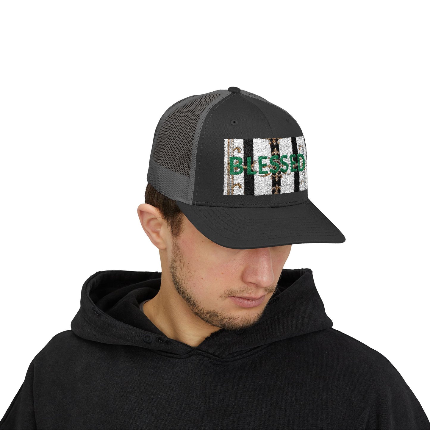 Blessed Snapback Trucker Cap | Casual Style, Outdoor Gear, Faith-Based Gift, Adjustable Hat, Everyday Fashion - Black & White Striped Gold Baroque