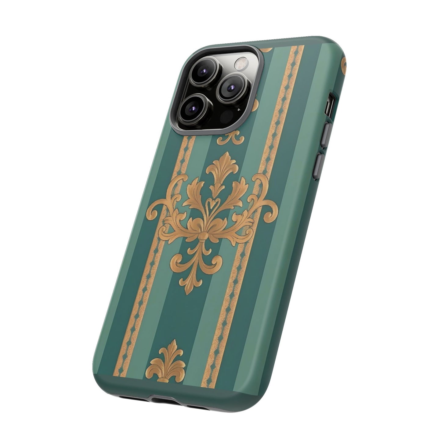 Elegant Floral Motif Phone Case - Tough Cases with Vintage Design - Teal Striped Gold Damask