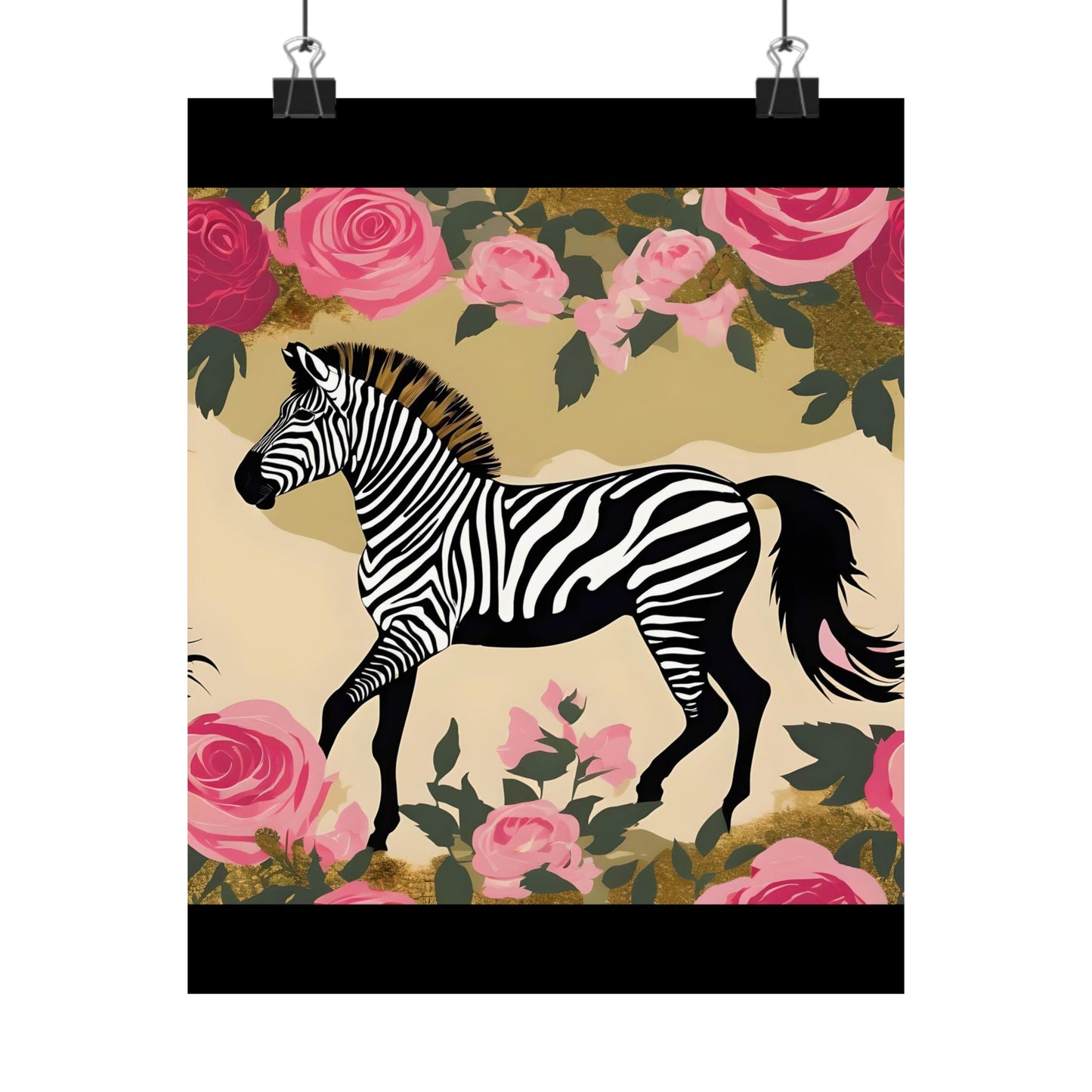 Floral Art Poster - Elegant Matte Vertical Wall Decor - Zebra In Olive & Pink Roses