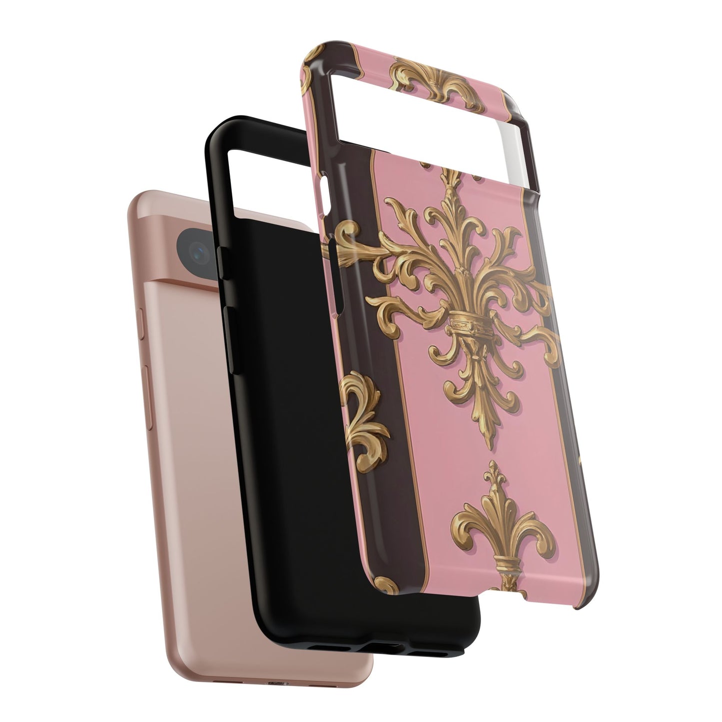 Elegant Floral Motif Phone Case - Tough Cases with Vintage Design - Pink & Brown Striped Gold Damask