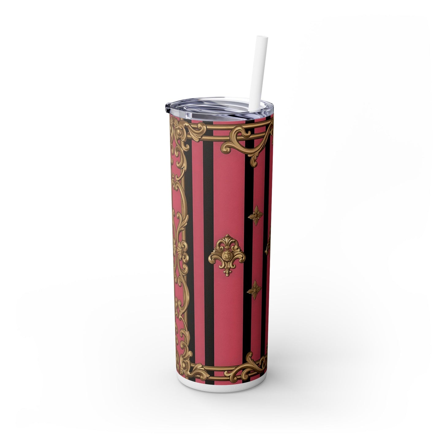 Elegant Pink Striped Skinny Tumbler with Straw, 20oz, Stylish Drinkware, Custom Gift Idea, Travel Mug, Wedding Gift - Pink Striped Gold Rococo