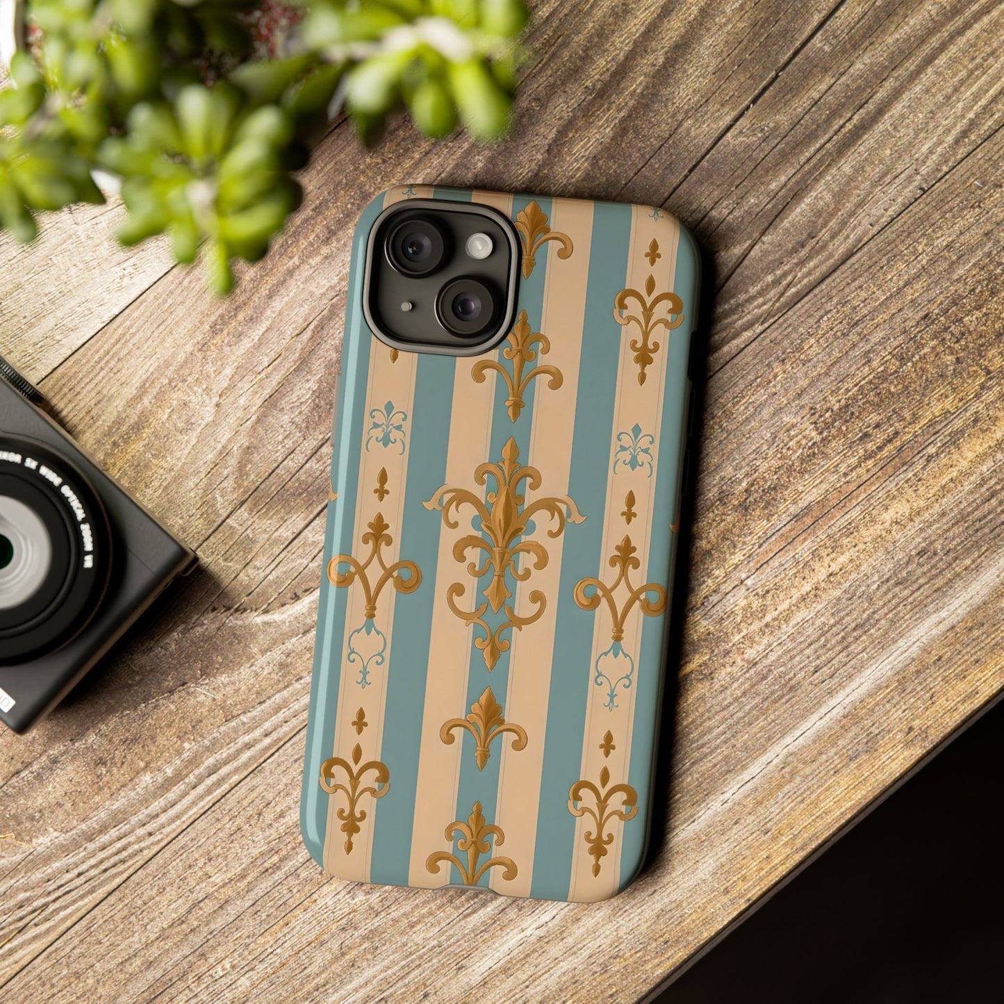 Elegant Floral Motif Phone Case - Tough Cases with Vintage Design -  Beige & Sky Blue Striped Gold Damask