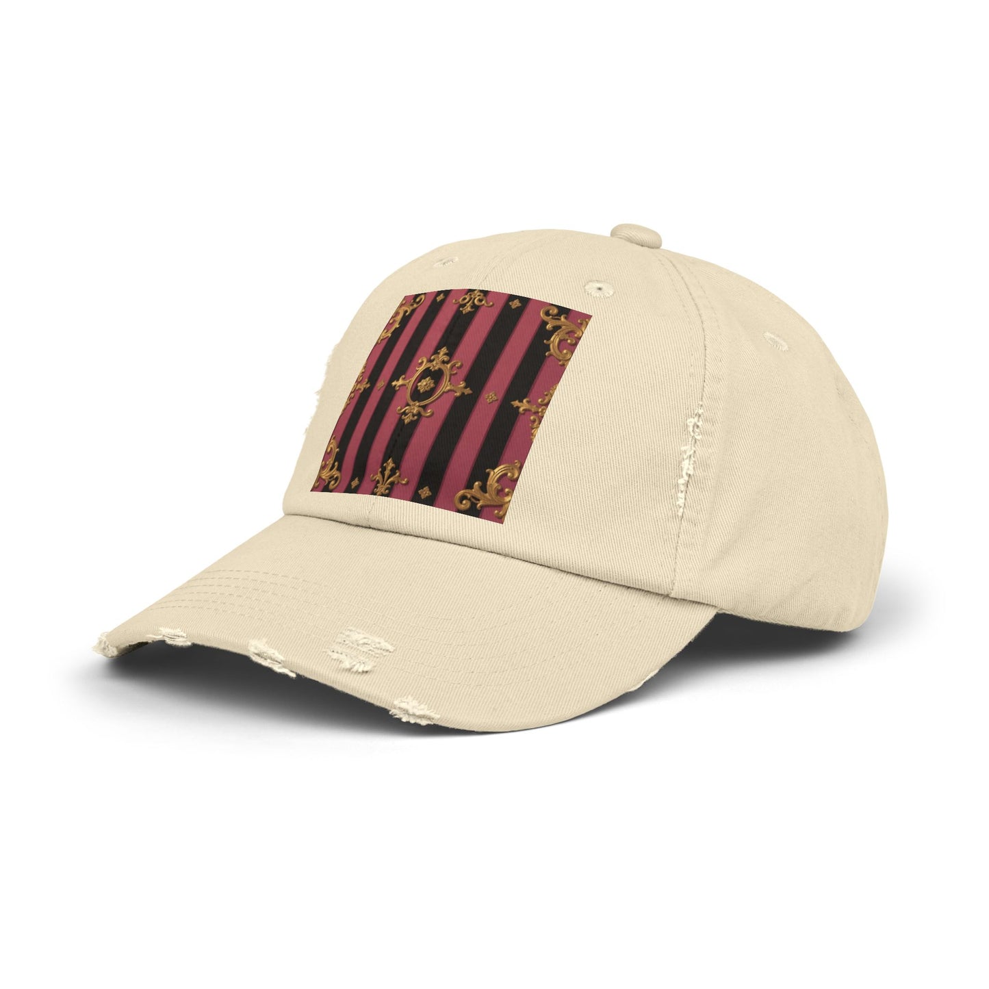 Chic Black & Mauve Striped Gold Baroque Distressed Cap, Trendy Hat, Vintage Style Cap, Gift for Him/Her, Casual Accessory
