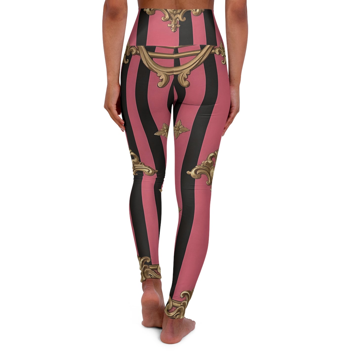 Chic High Waisted Yoga Leggings, Trendy Fitness Leggings, Stylish Workout Gear, Athleisure Wear, Gifts for Yoga Lovers - Pink Striped Gold Rococo