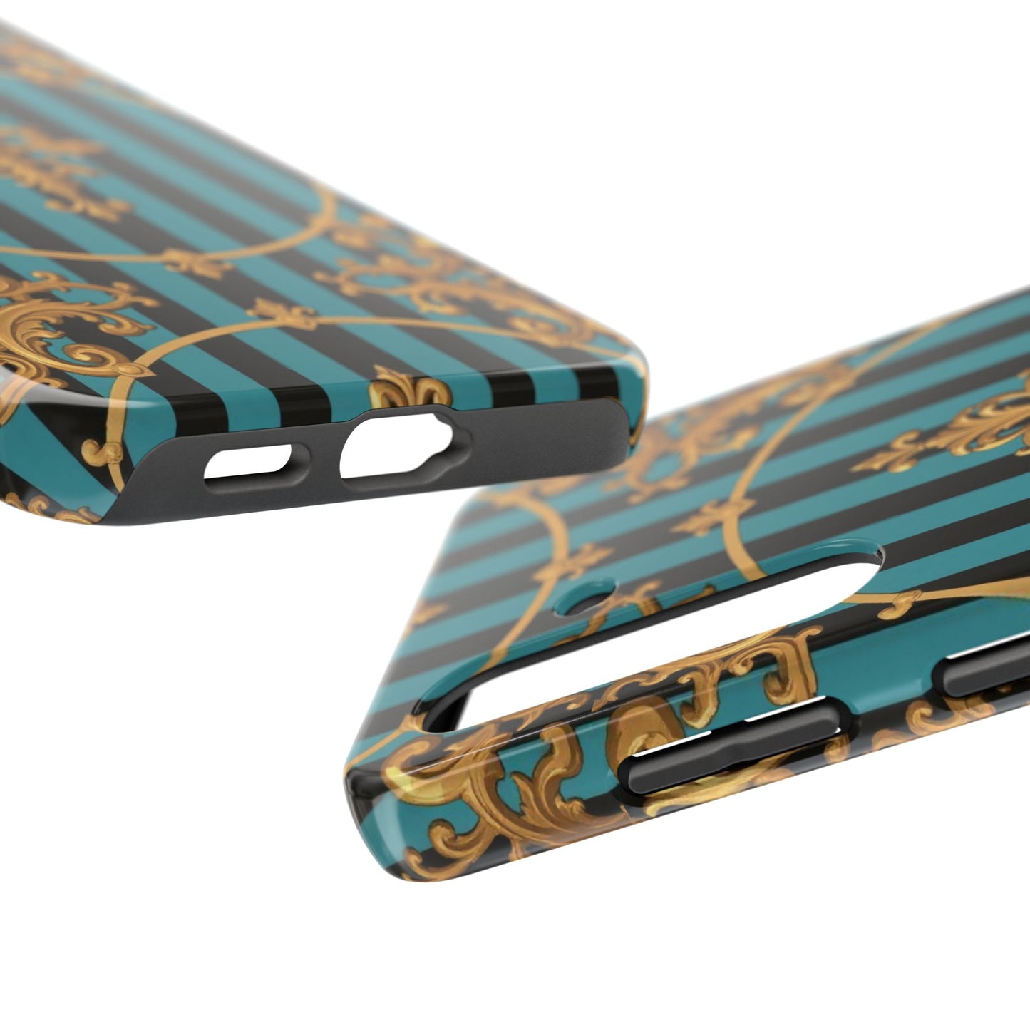 Elegant Turquoise & Black Striped Gold Baroque Phone Case, Tough Phone Cases for Fashion Lovers, Gift for Her, Luxury Accessories