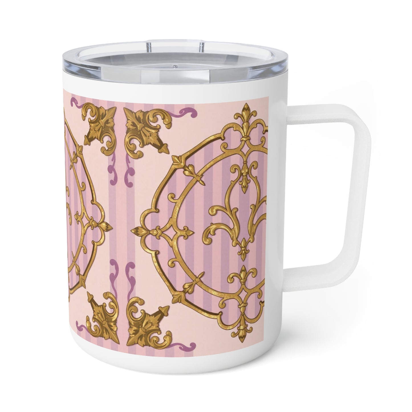 Elegant Lavender & Alabaster Striped Gold Baroque Insulated Coffee Mug | 10oz Decorative Drinkware, Floral Mug, Stylish Gift for Her