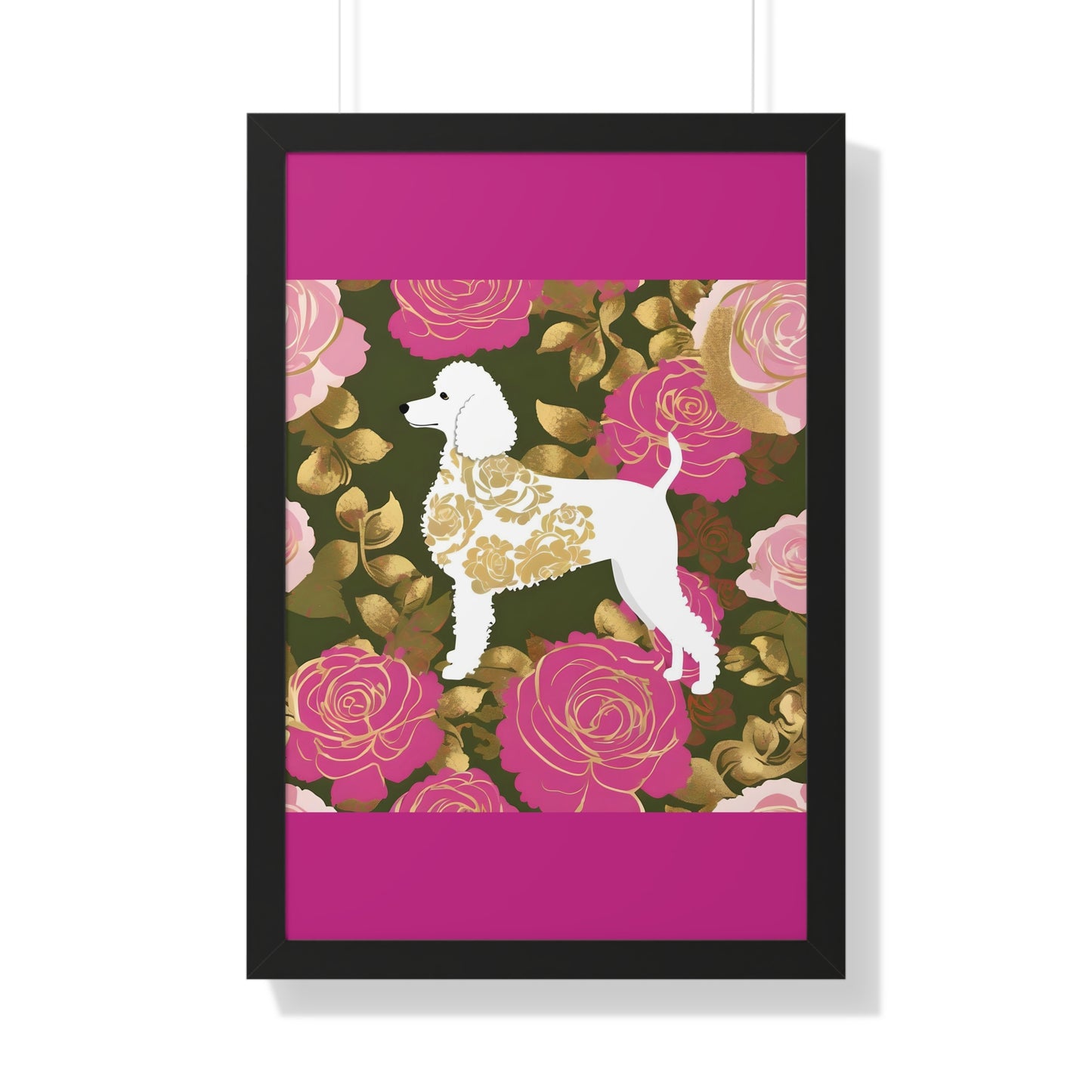 Vertical Poster - Stylish Framed - Art for Home Decor - Damask White Poodle & Pink Roses