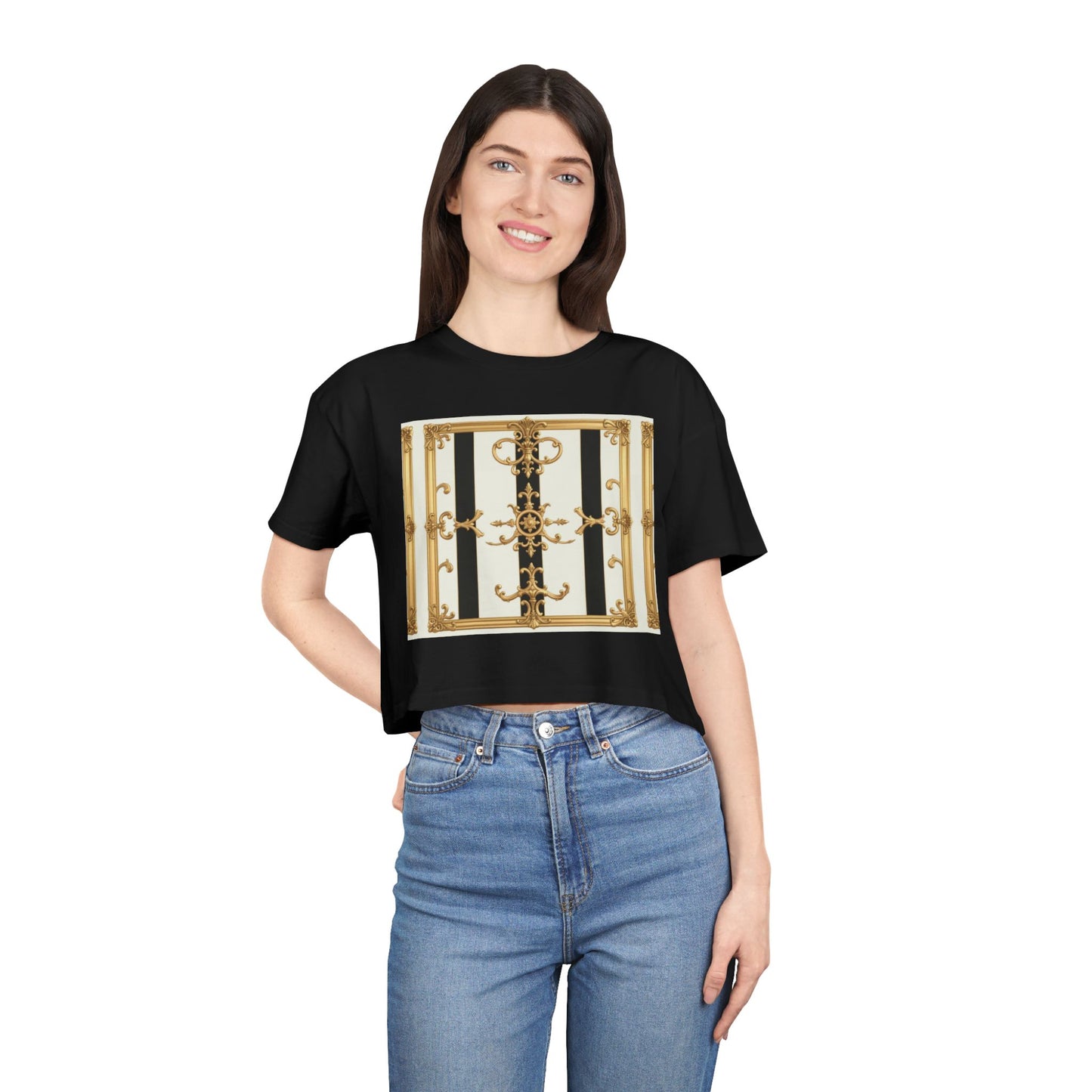 Chic Gold Baroque Women's Crop Tee, Stylish Summer Top, Fashionable Gift for Her, Casual Fashion - Black & White Striped Gold Baroque