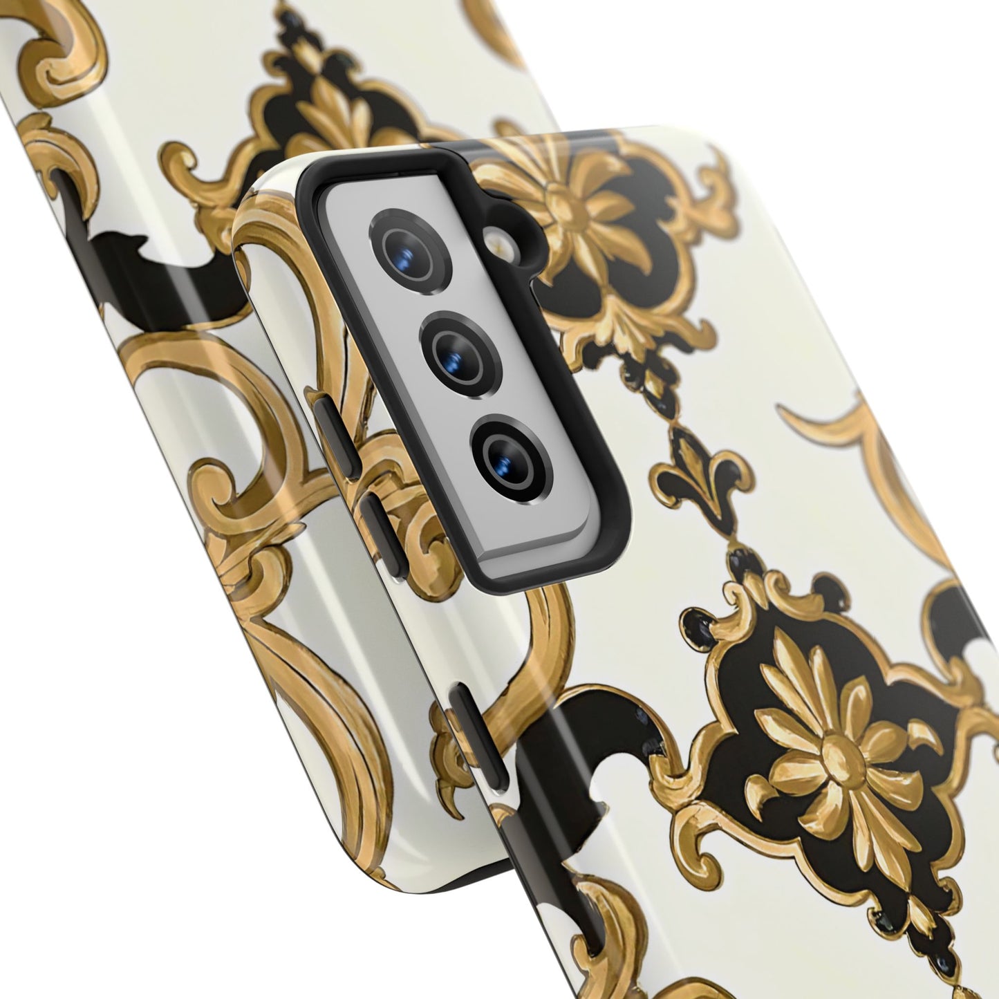 Elegant Floral Tough Phone Cases, Durable Phone Cover, Stylish Phone Accessories, Gift for Her, Chic Phone Cases - Black & Gold Rococo