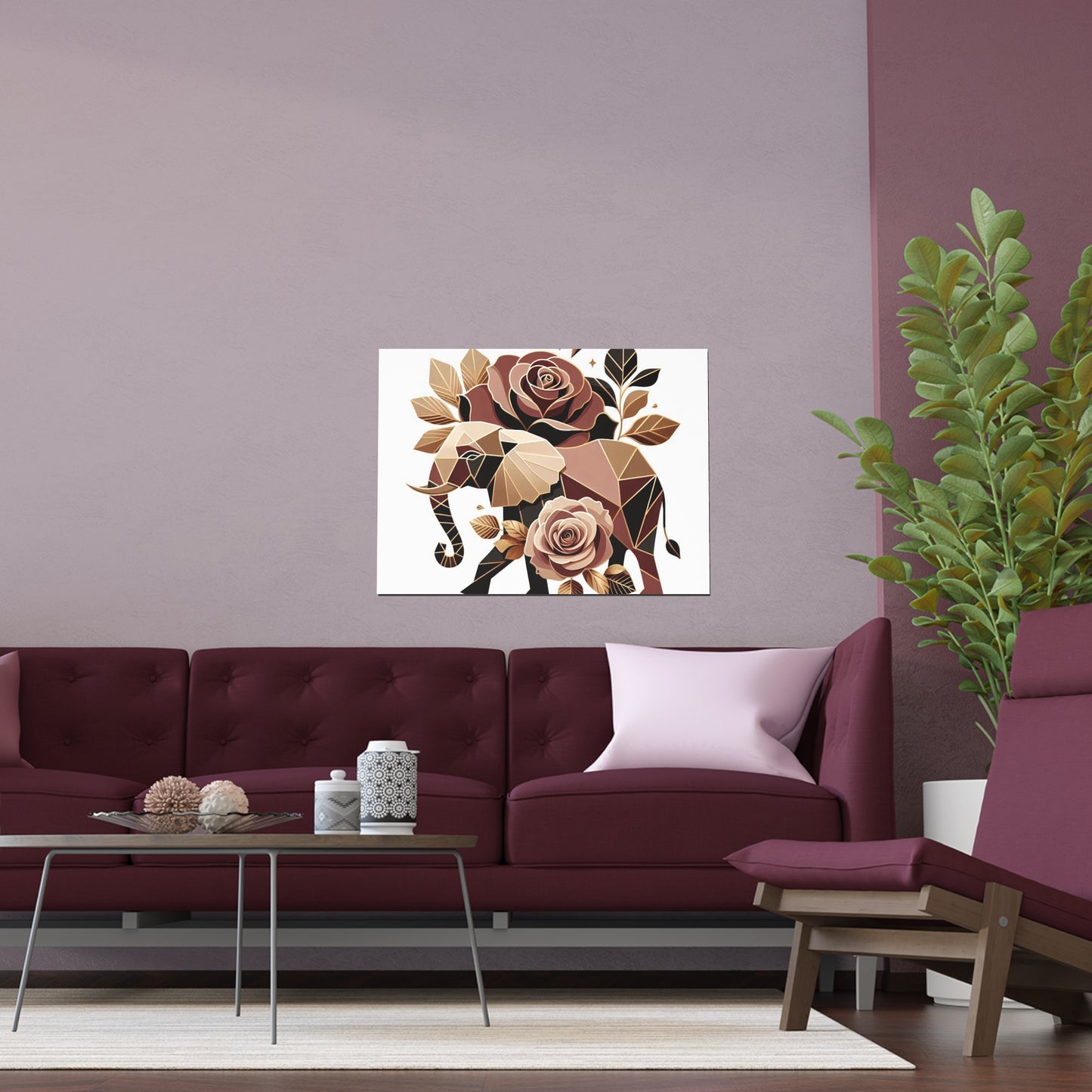 Elegant Floral Silk Poster - Indoor/Outdoor Wall Art for Home Decor - Brown & Gold Elephant & Roses