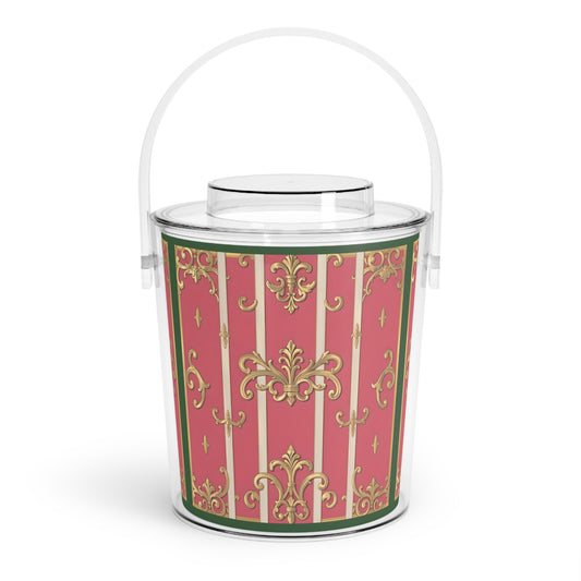 Chic Decorative Green Border Pink Striped Baroque Ice Bucket with Tongs - Elegant Drink Cooler, Party Essential, Holiday Gift