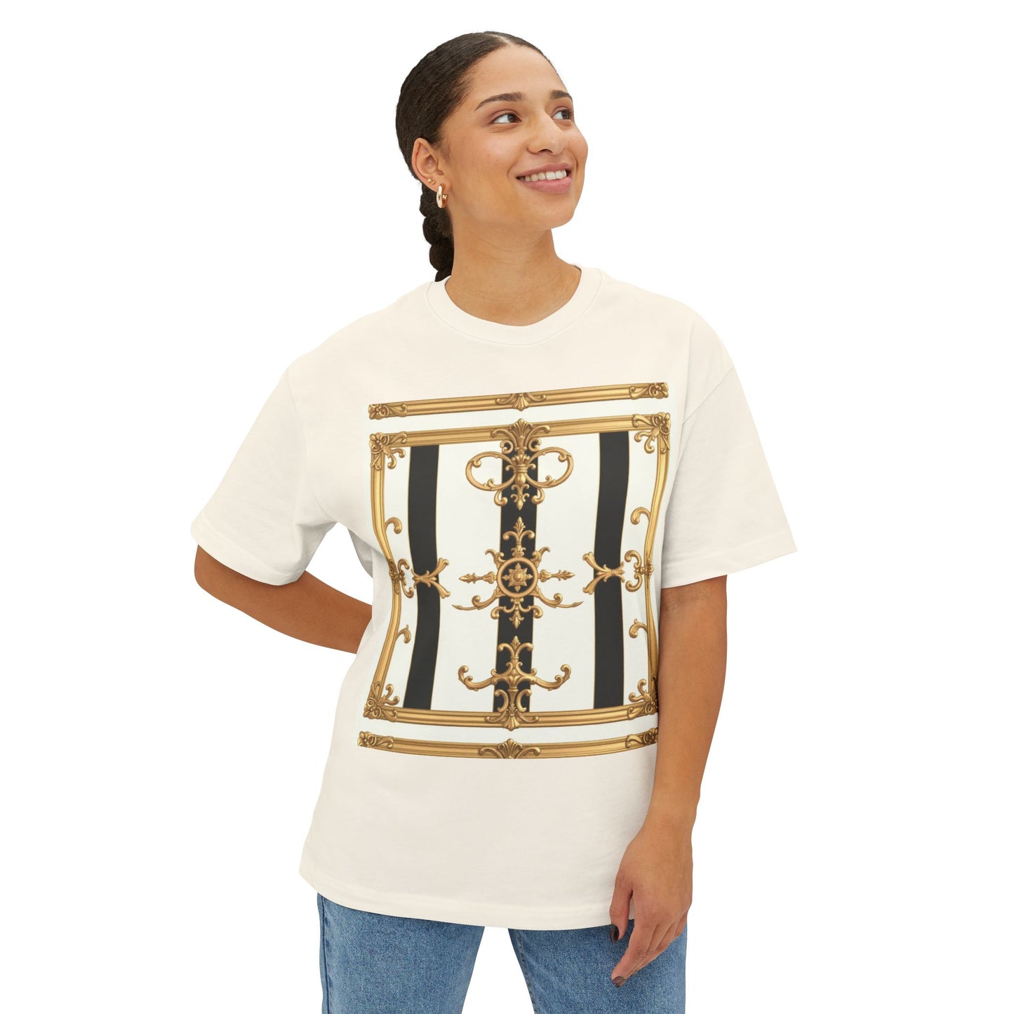 Chic Oversized Boxy Tee with Elegant Gold Design, Fashion T-Shirt, Streetwear Top, Casual Wear - Black & White Striped Gold Baroque