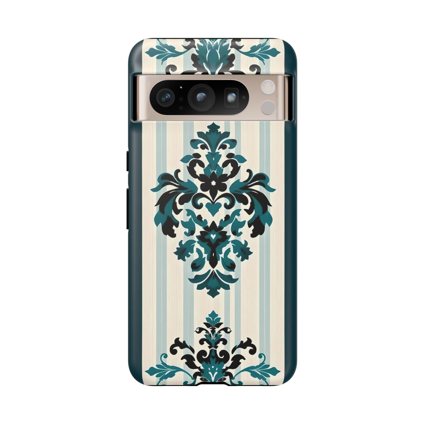 Elegant Floral Phone Case - Tough Cases with Vintage Design - Teal Striped Damask