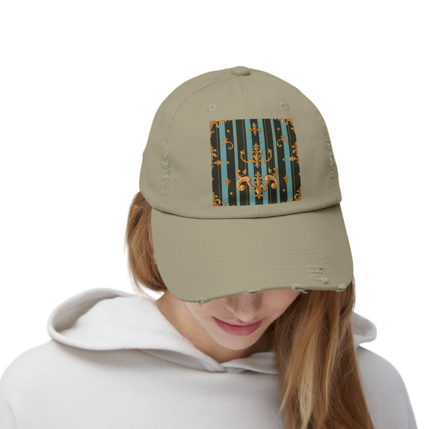 Vintage-Inspired Unisex Distressed Cap with Elegant Stripes and Ornate Design, Casual Hat for Fashion Lovers - Black & Turquoise Striped Baroque