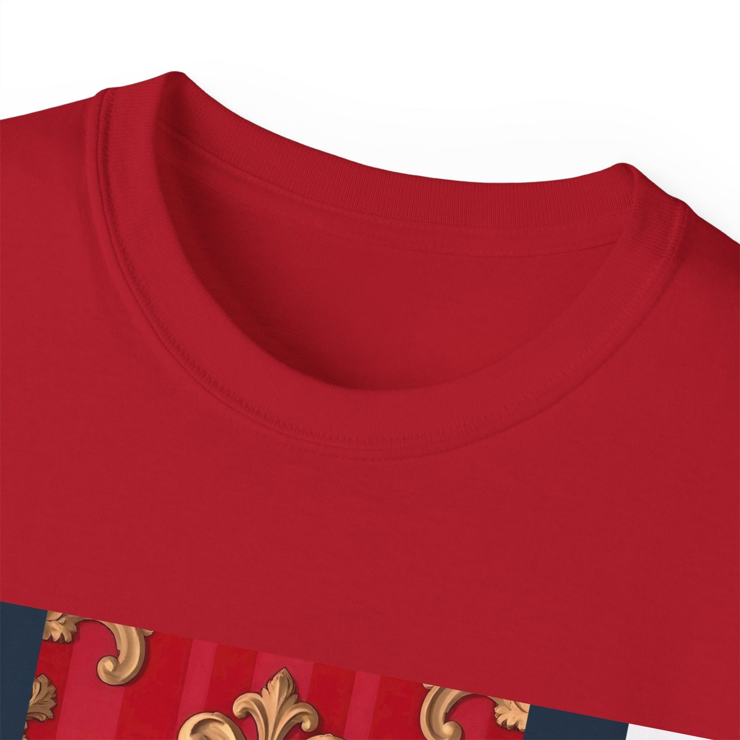 Regal Red Baroque T-Shirt, Artistic Tee, Gift for Art Lovers, Fashionable Statement Shirt, Unique Graphic Top - Blue, Red & White Striped Baroque
