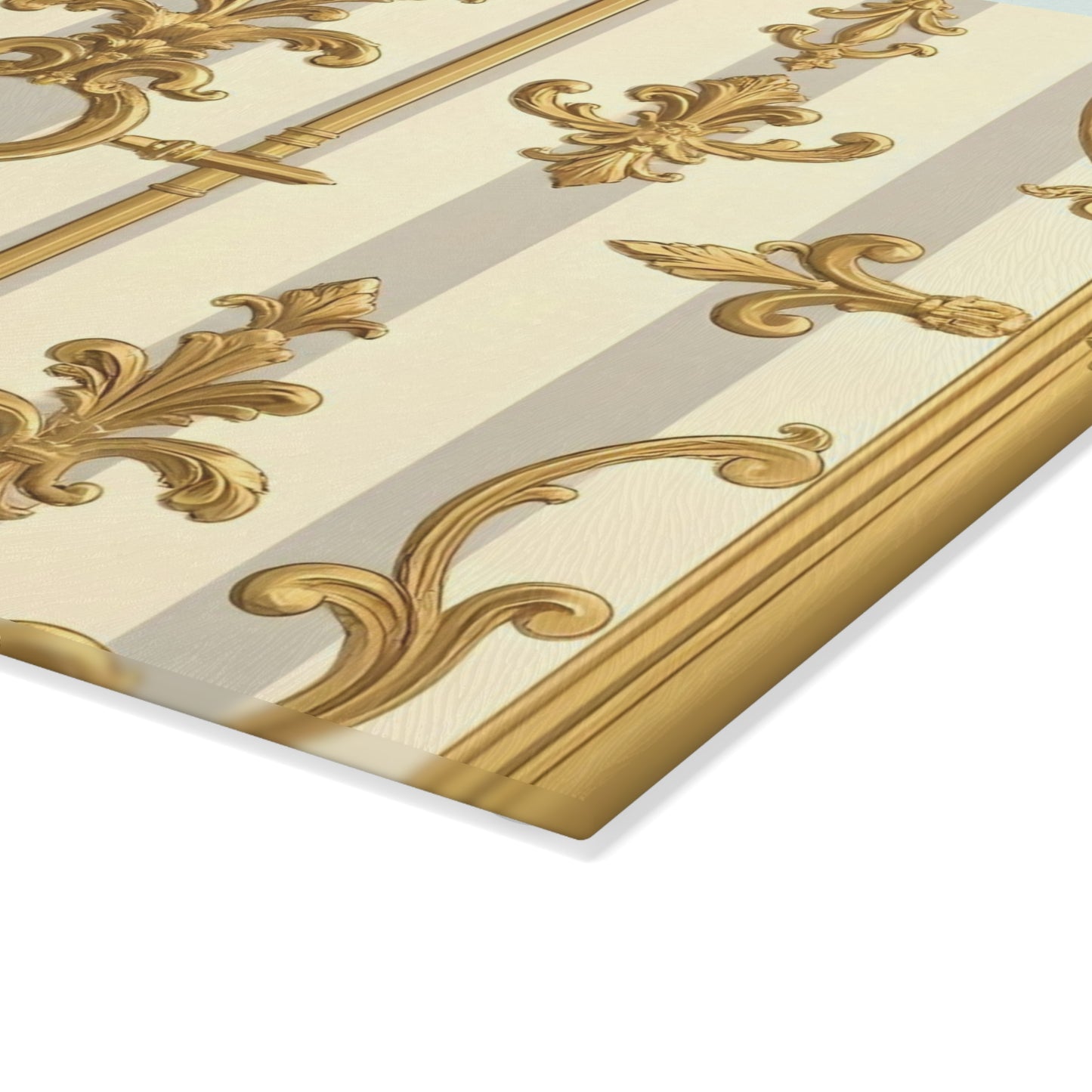 Ornate Glass Cutting Board - Elegant Kitchen Decor, Wedding Gift, Home Cook Gift - Matte Gray & Cream Striped Gold Baroque