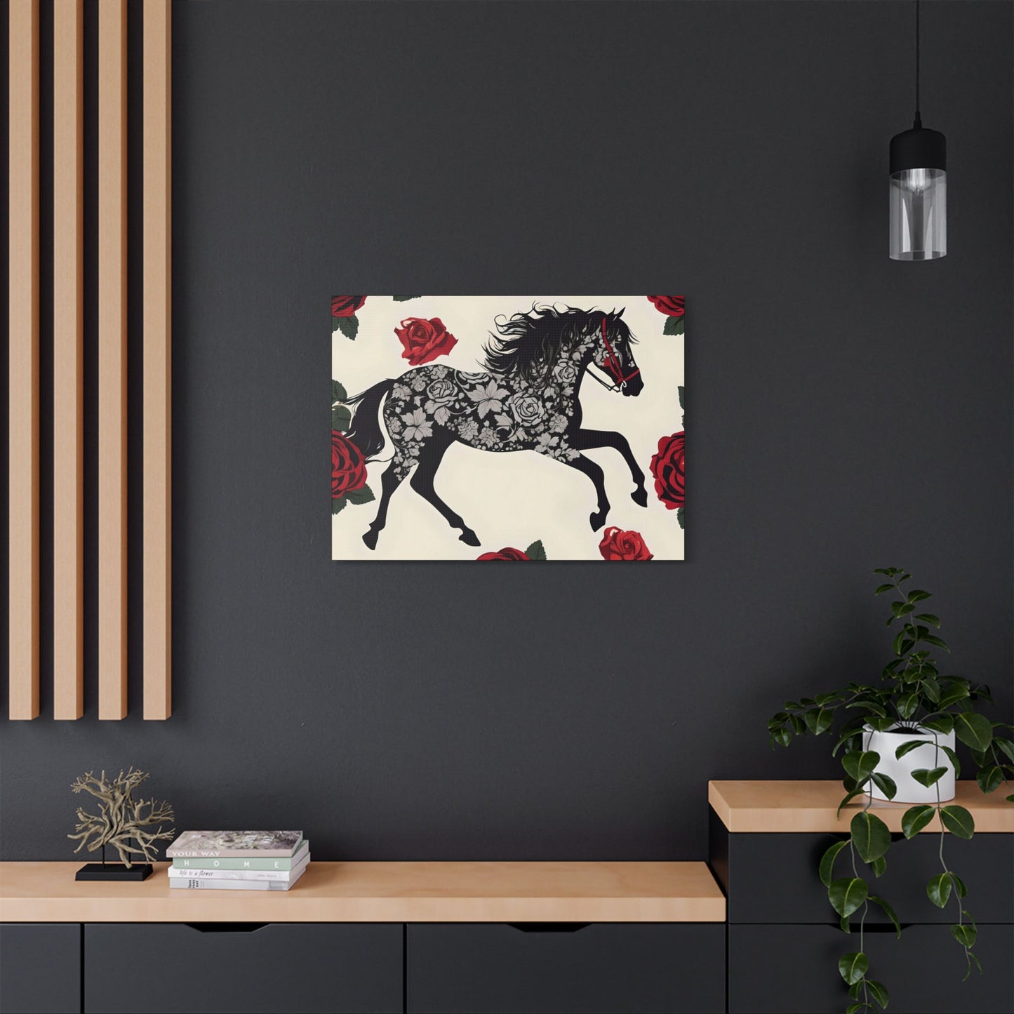 Art Print Canvas, Wall Decor, Satin Stretched Canvas, Equestrian Art, Office Decor, Home Decor - Horse & Roses