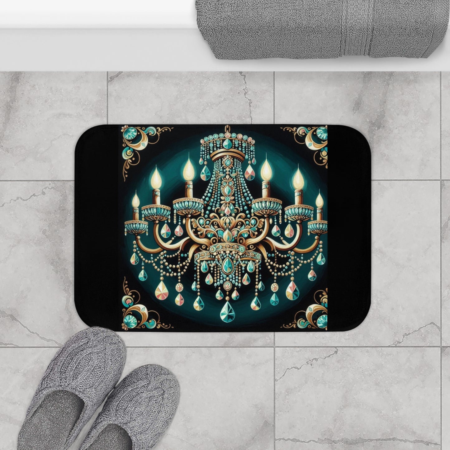 Elegant Chandelier Bath Mat, Luxurious Bathroom Decor, Glamorous Home Accessory, Stylish Bath Rug - Teal Jeweled Chandelier