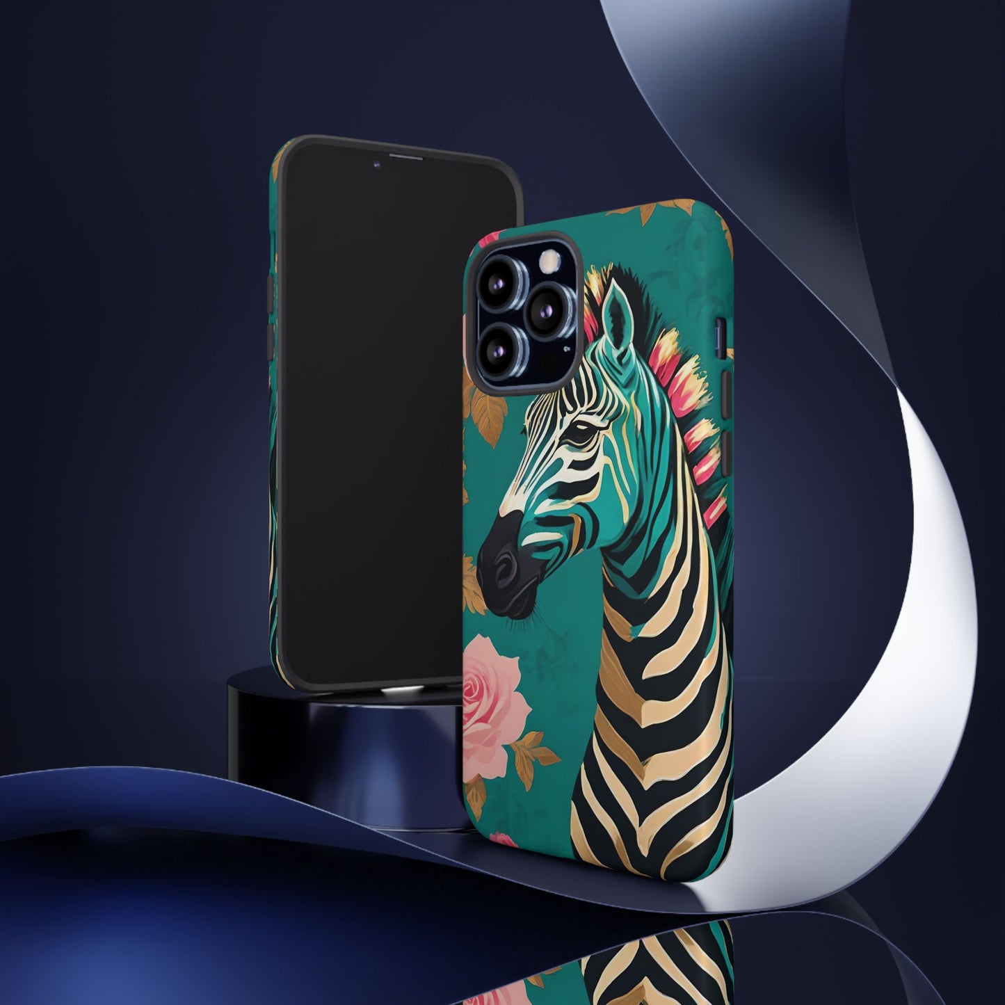 Phone Case - Elegant Teal & Gold Zebra & Roses Design