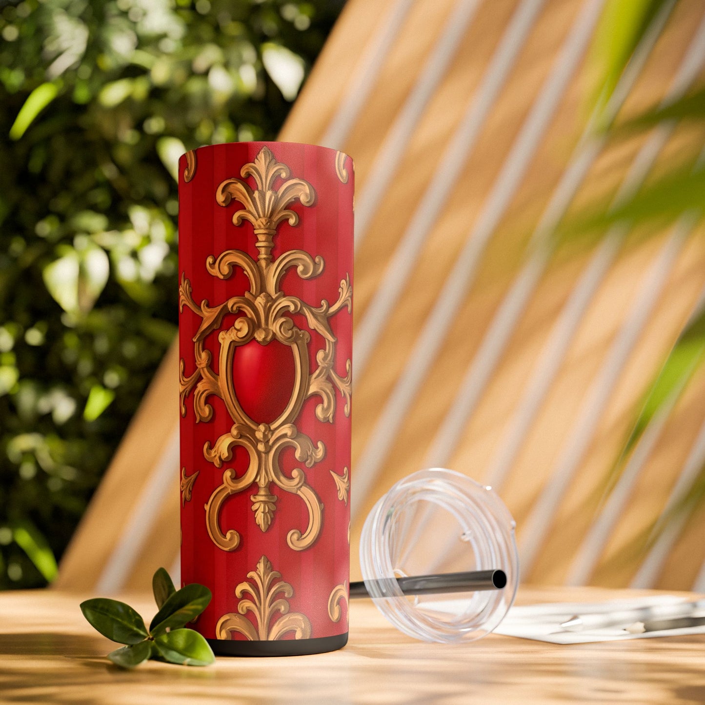 Elegant Red Ornate Skinny Tumbler, Stylish Travel Mug with Straw, Perfect for Gifts, Home Office - Blue, Red & White Striped Baroque