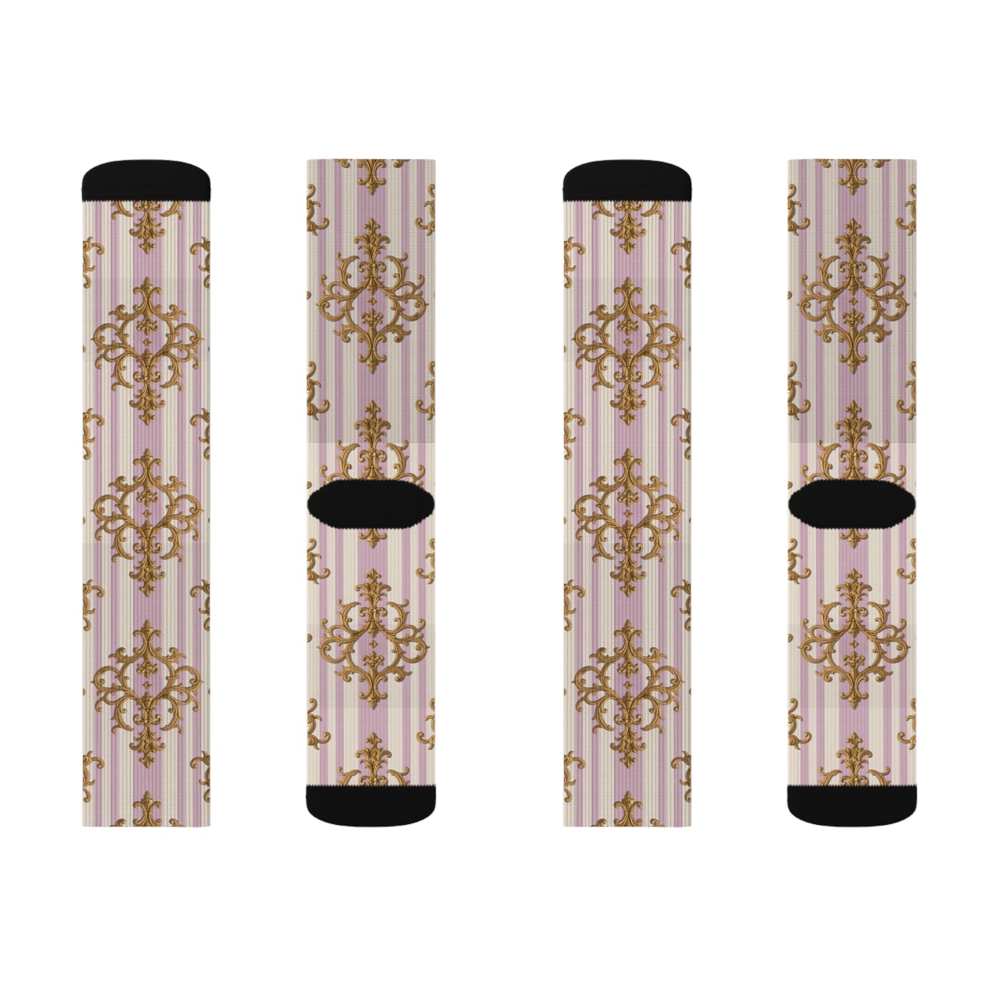Elegant Vintage-Themed Sublimation Socks, Cozy Footwear, Comfortable Socks, Gifts for Her - Lilac & Alabaster Striped Gold Baroque