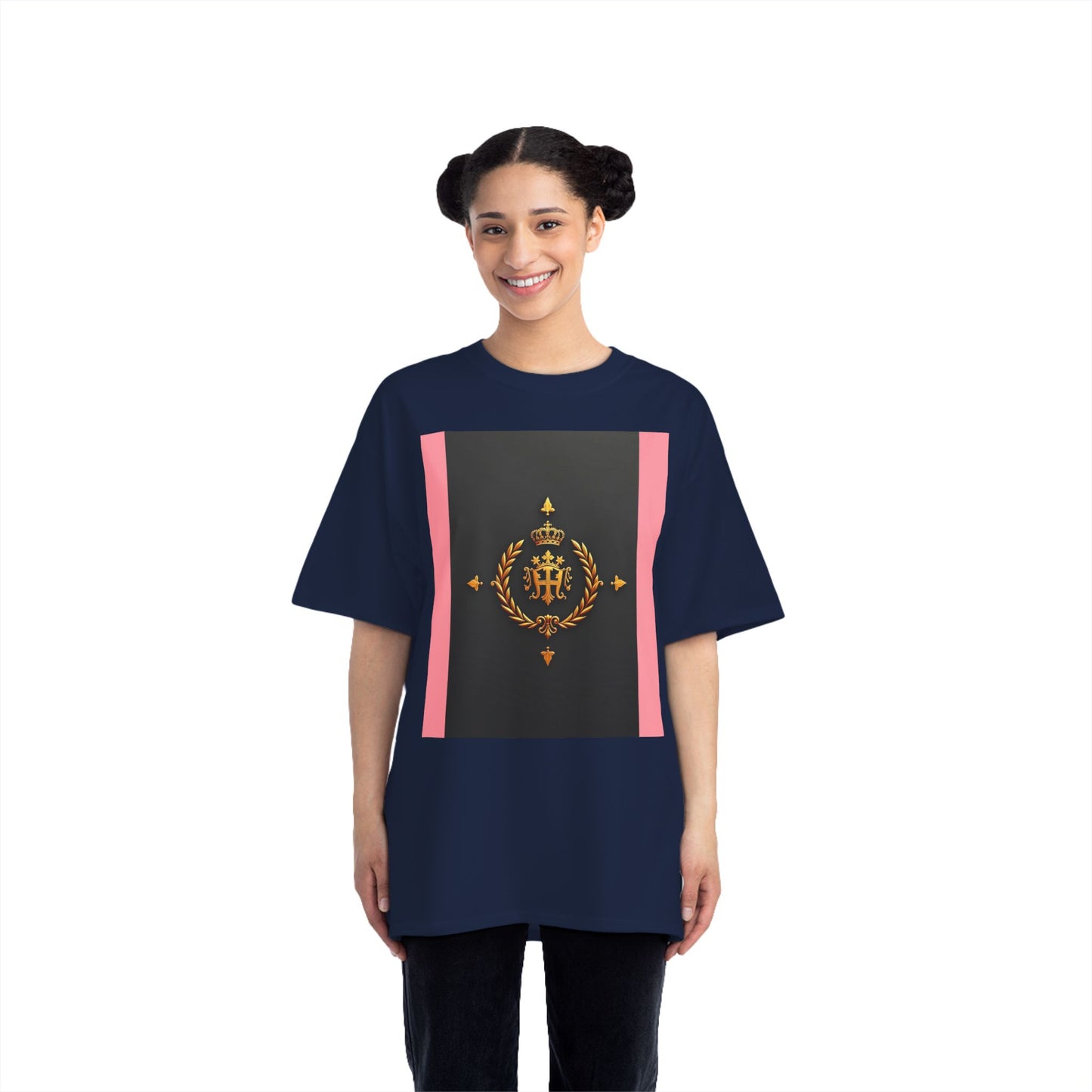 Short-Sleeve Graphic T-Shirt, Stylish Casual Wear, Trendy Gift for Friends, Summer Fashion, Statement Tee, Everyday Comfort - Pink Striped Gold Crest