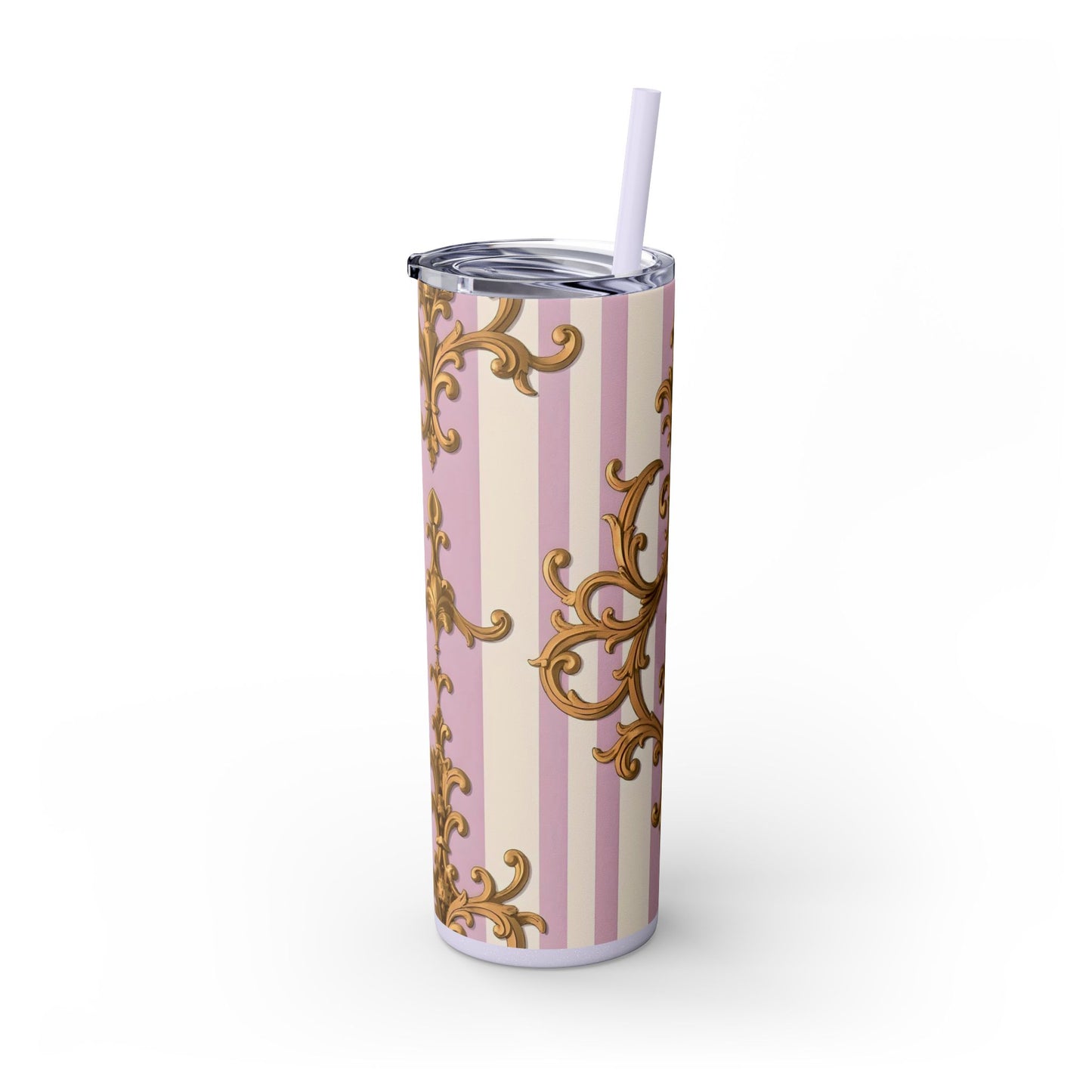 Elegant Pink Tumbler, Gold Patterned Travel Cup, Insulated Drink Holder, Stylish Coffee Tumbler - Lilac & Alabaster Striped Gold Baroque