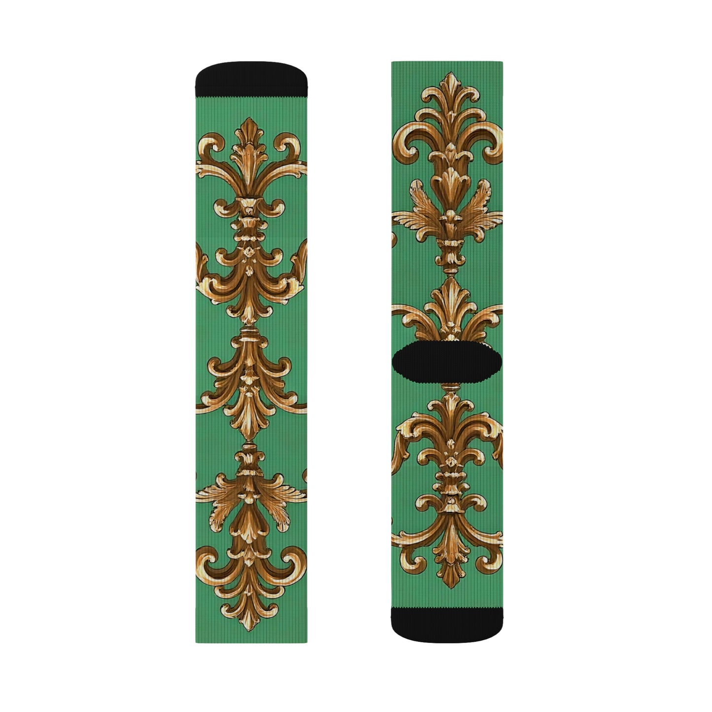 Elegant Gold Floral Pattern Sublimation Socks | Stylish, Comfortable & Perfect for any Occasion - Rust & Green Striped Baroque