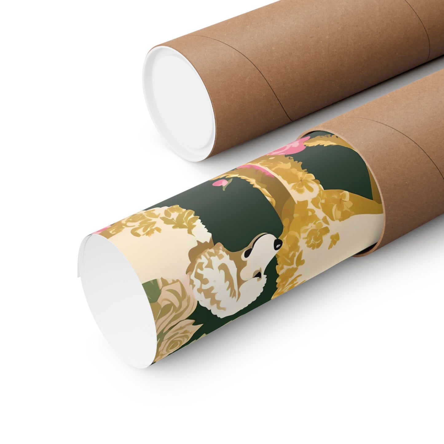 Vertical Poster - Elegant Matte Floral Art Wall Decor - Damask Poodles In Dark Green & Pink Roses
