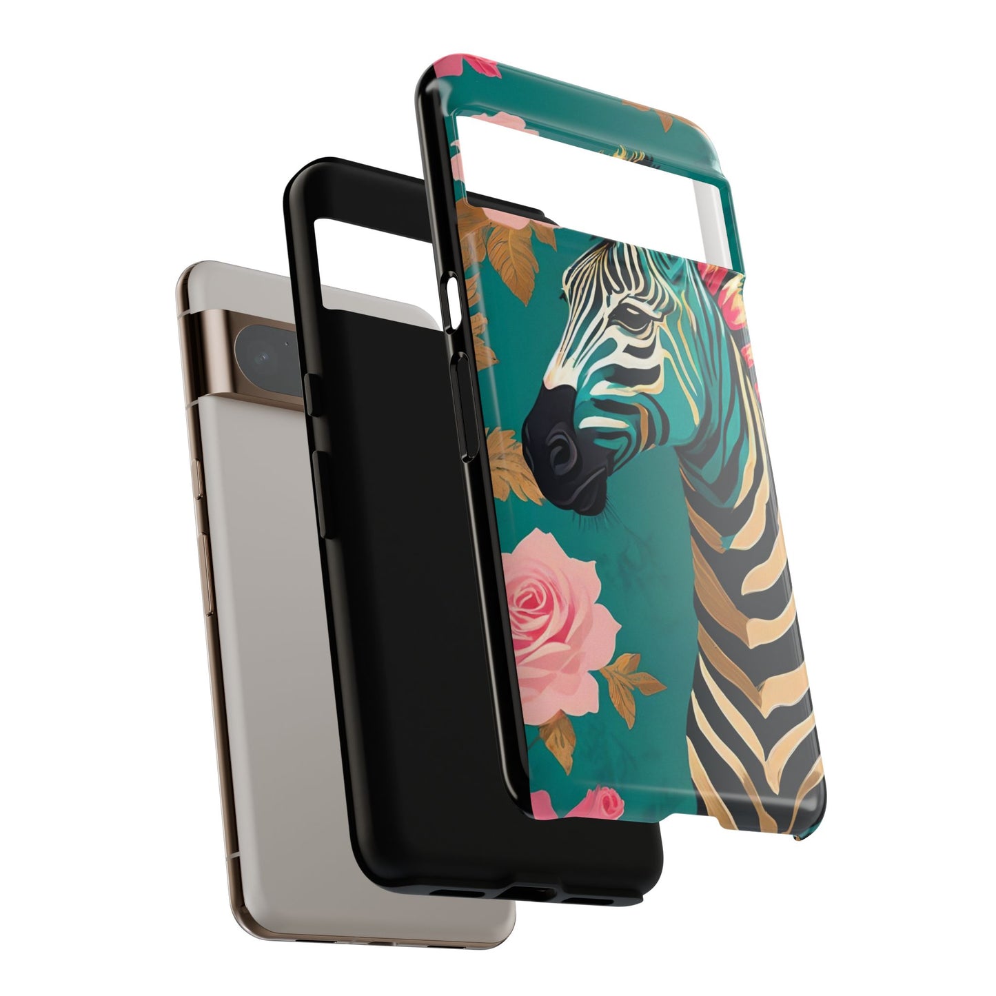 Phone Case - Elegant Teal & Gold Zebra & Roses Design