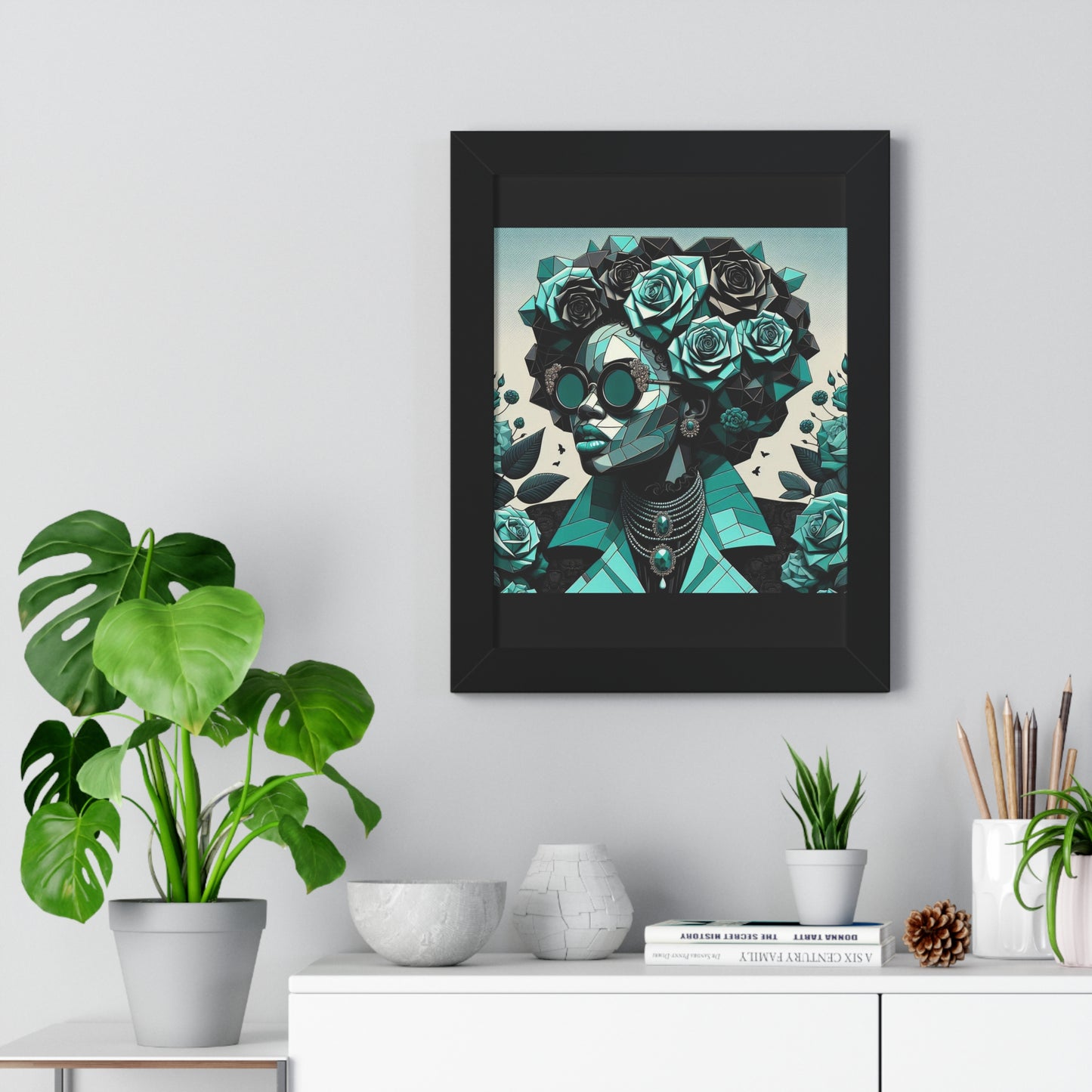 Framed Art Poster, Bohemian Home Decor, Wall Art for Living Room, Gift for Art Lovers, Unique Framed Wall Decor - Turquoise & Black Roses Lady